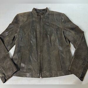 Alfani Brown Suede Full Zip Collared Long Sleeve 100% Leather Jacket Size Petite
